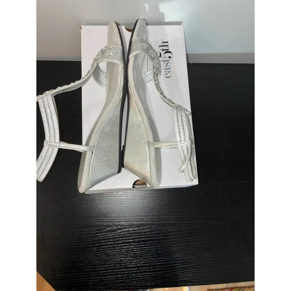 East 5th Embellished Wedge Sandals Silver Women Size‎ 10 Medium Violetta